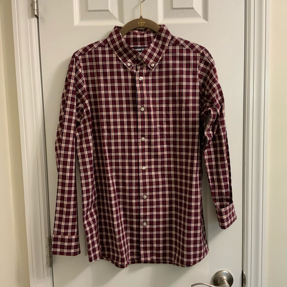 Burgundy plaid boys button down dress shirt